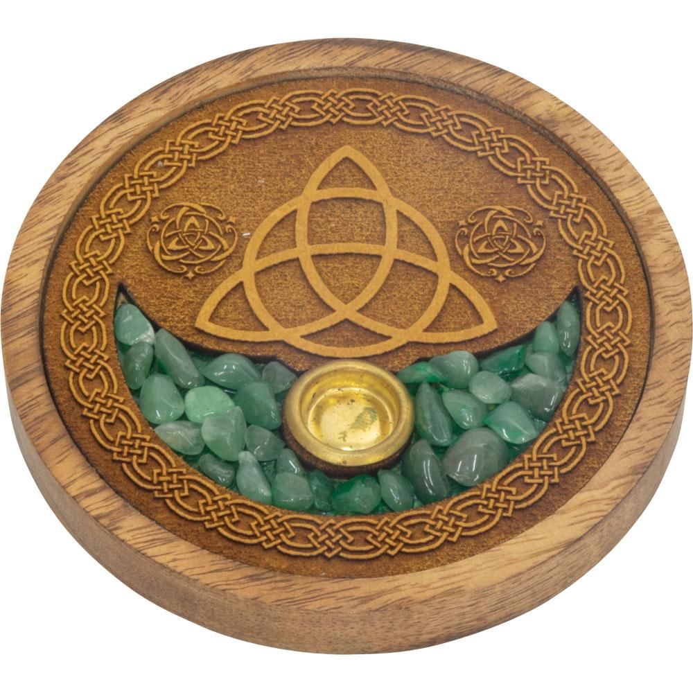 4&quot; Laser Etched Wood Round Incense Holder - Triquetra with Green Aventurine Inlay, SKU KH-90126, UP…