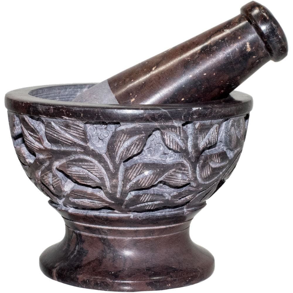 4&quot; Soapstone Mortar &amp; Pestle - Carved Leaves Natural, SKU KH-64207, UPC 6016224285226