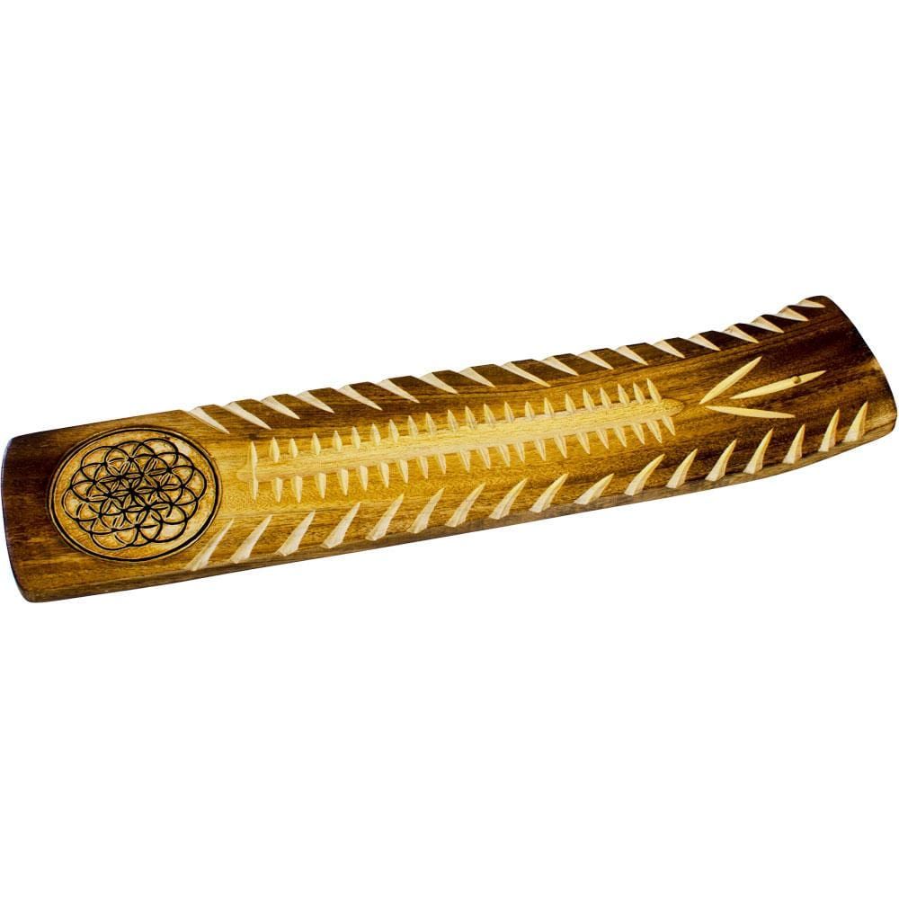 10.5&quot; Wide Engraved Wood Incense Holder - Flower of Life, SKU KH-89200, UPC 6016232716743