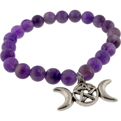 8 mm Elastic Bracelet Round Beads - Amethyst with Pentacle Triple Moon, SKU KH-98799, UPC 601620918…