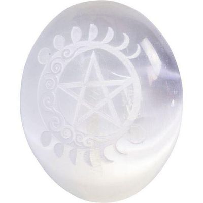 2.5&quot; Palm Stone - Selenite with Moon Phase &amp; Pentacle, SKU KH-62430, UPC 6016201521576
