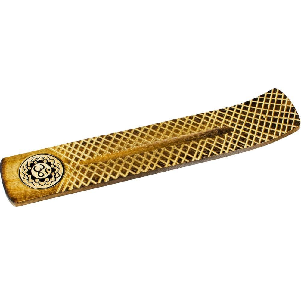 10.5&quot; Wide Engraved Wood Incense Holder - OM Lotus, SKU KH-89135, UPC 6016206985922