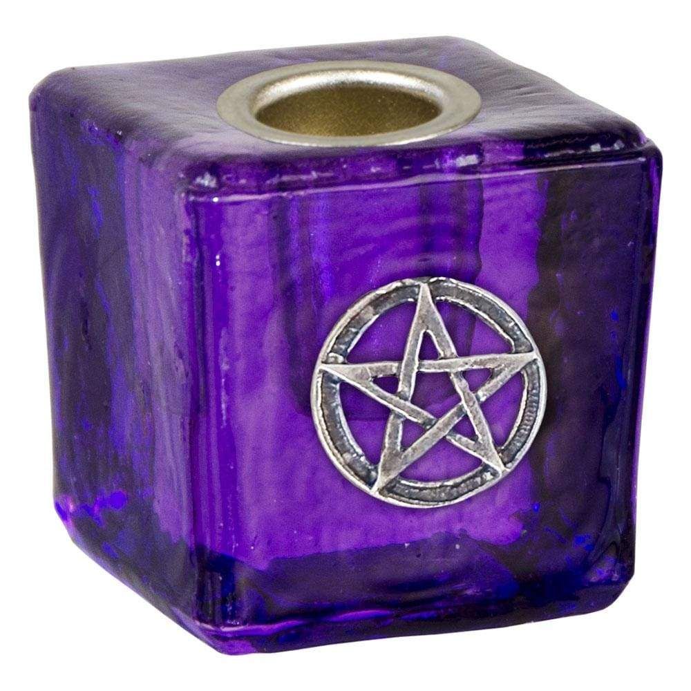 1.25&quot; Mini Glass Candle Holder Cube - Purple Pentacle, SKU KH-03563, UPC 6016216739751