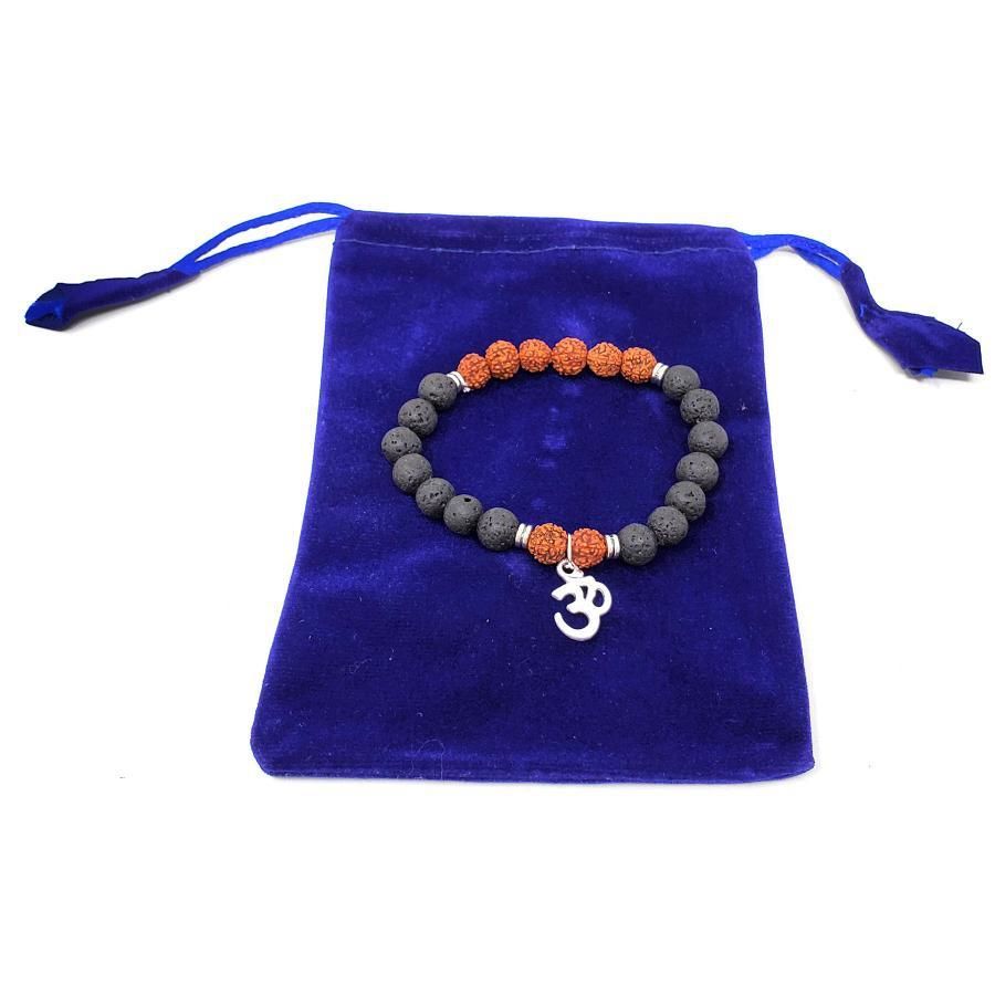 8 mm Elastic Bracelet Round Beads - Rudraksha &amp; Lava with Om in Velvet Bag, SKU BS84, UPC 601600945…