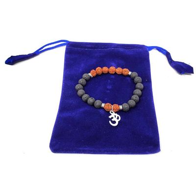 8 mm Elastic Bracelet Round Beads - Rudraksha &amp; Lava with Om in Velvet Bag, SKU BS84, UPC 601600945…