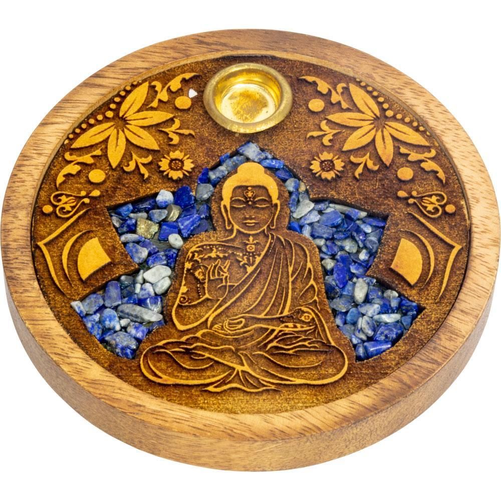 4&quot; Laser Etched Wood Round Incense Holder - Buddha with Sodalite Inlay, SKU KH-90124, UPC 601620959…