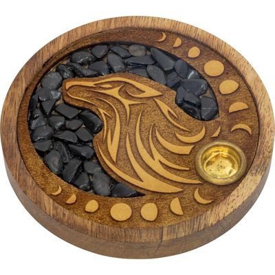 4&quot; Laser Etched Wood Round Incense Holder - Wolf with Black Onyx Inlay, SKU KH-90127, UPC 601620402…