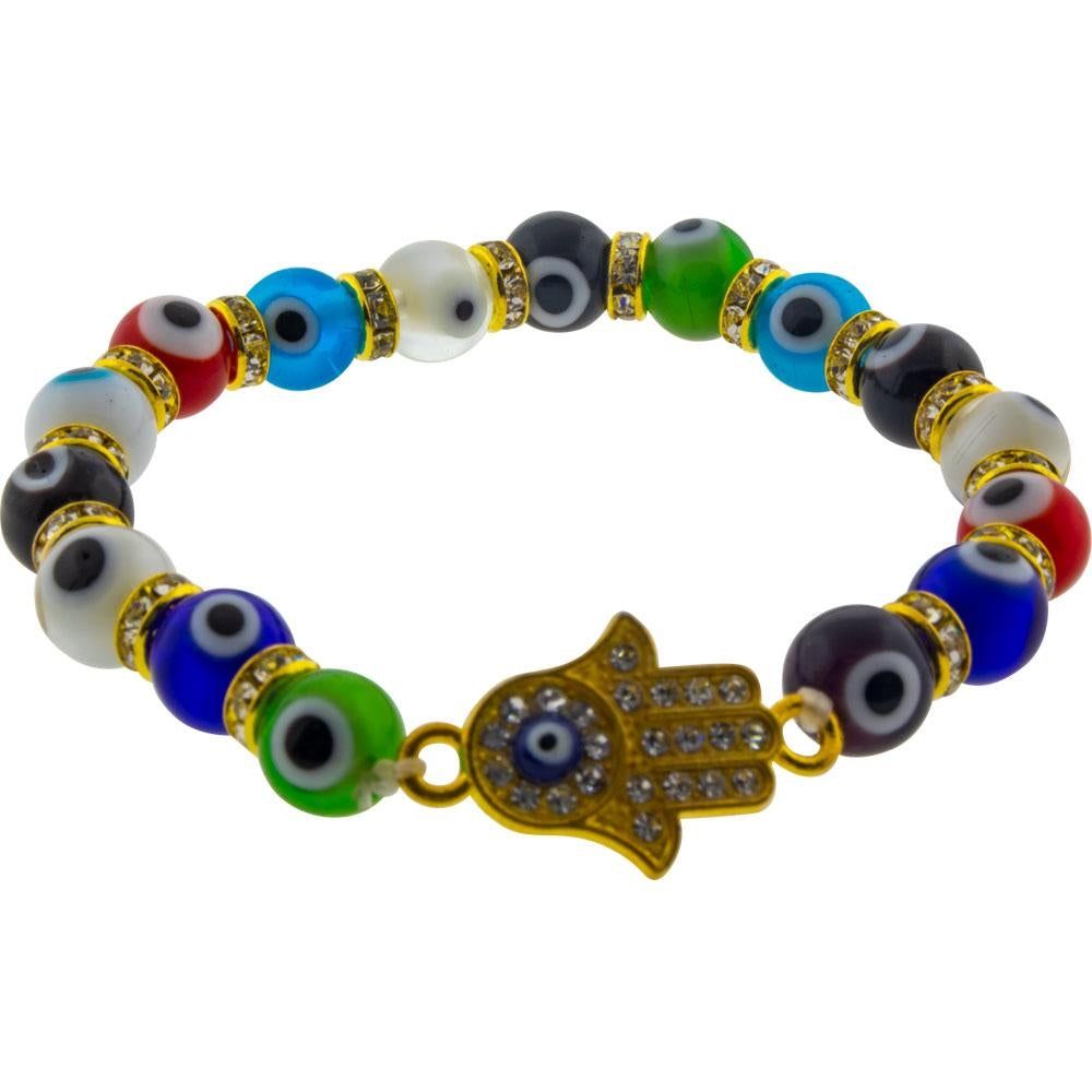 8 mm Elastic Bracelet - Evil Eye Protection Multi Color with Gem Fatima Hand, SKU KH-98815, UPC 601…