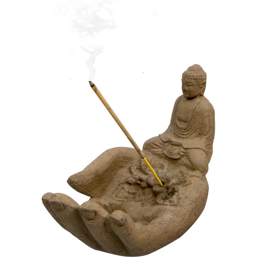 6&quot; Volcanic Stone Incense Holder - Hand with Buddha, SKU KH-33751, UPC 6016209964955