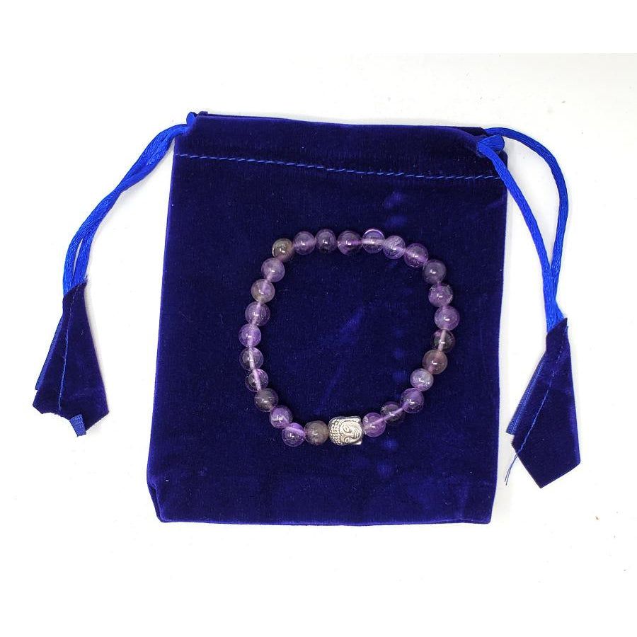 8 mm Elastic Bracelet Round Beads - Amethyst with Buddha Head in Velvet Bag, SKU BS58, UPC 60162371…