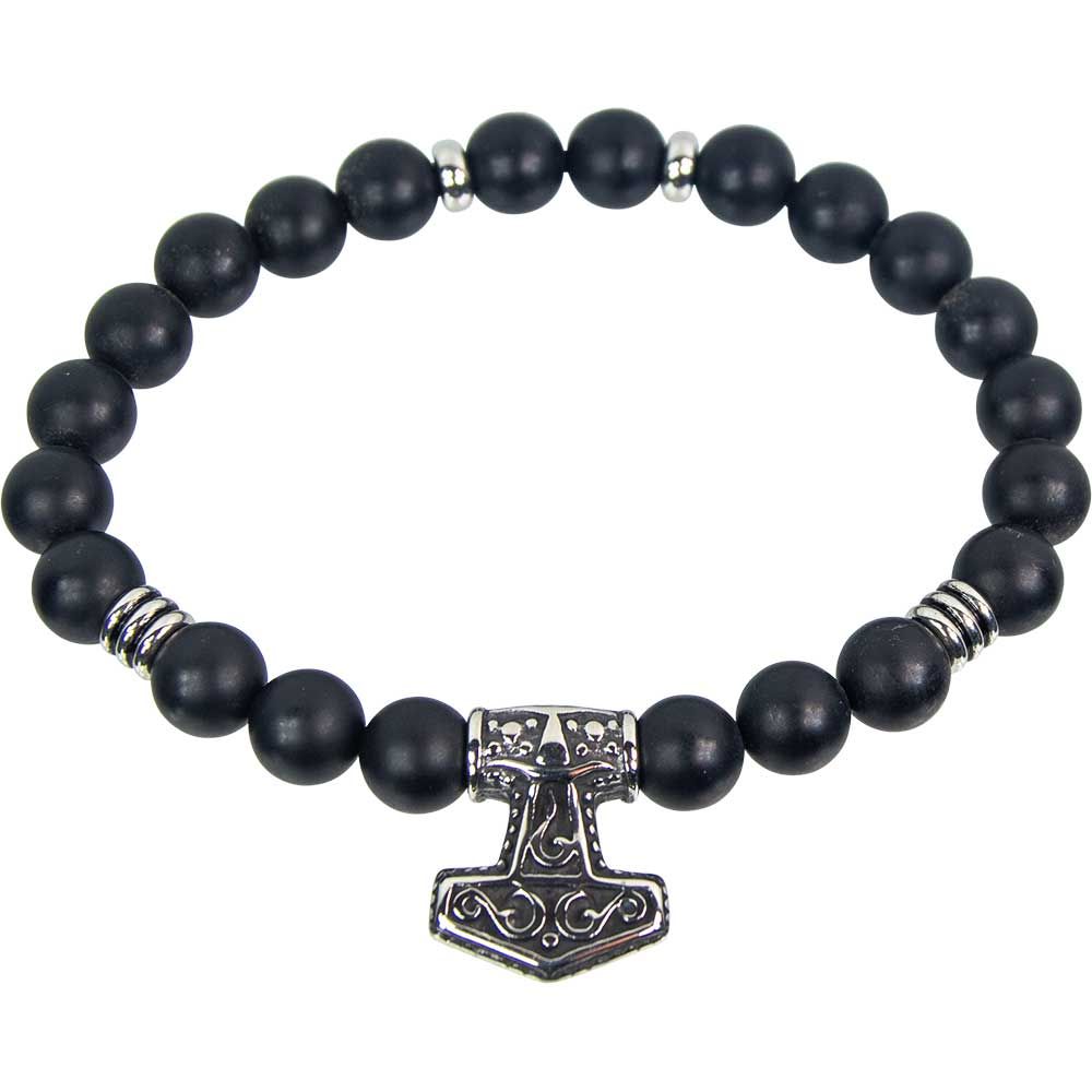 8 mm Elastic Bracelet Round Beads - Matte Black Agate with Viking Hammer, SKU KH-98410, UPC 7003173…