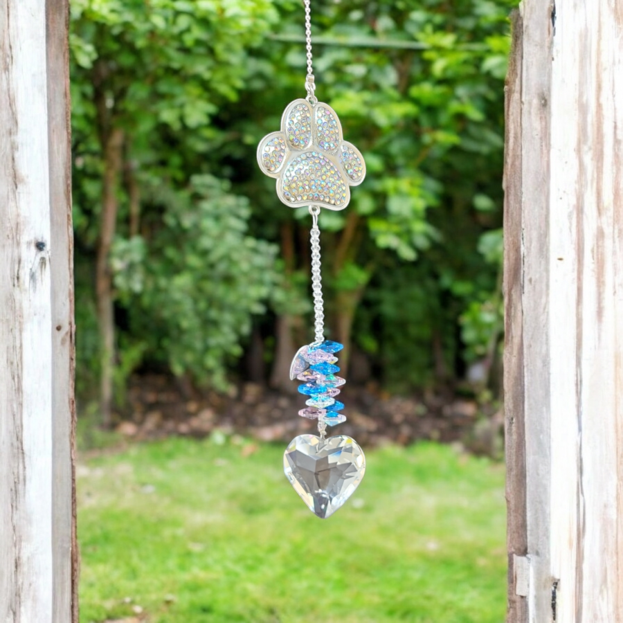 16&quot; Sun Catcher - Dog Paw with Prism Heart, SKU SCWH-46, UPC 700317417286