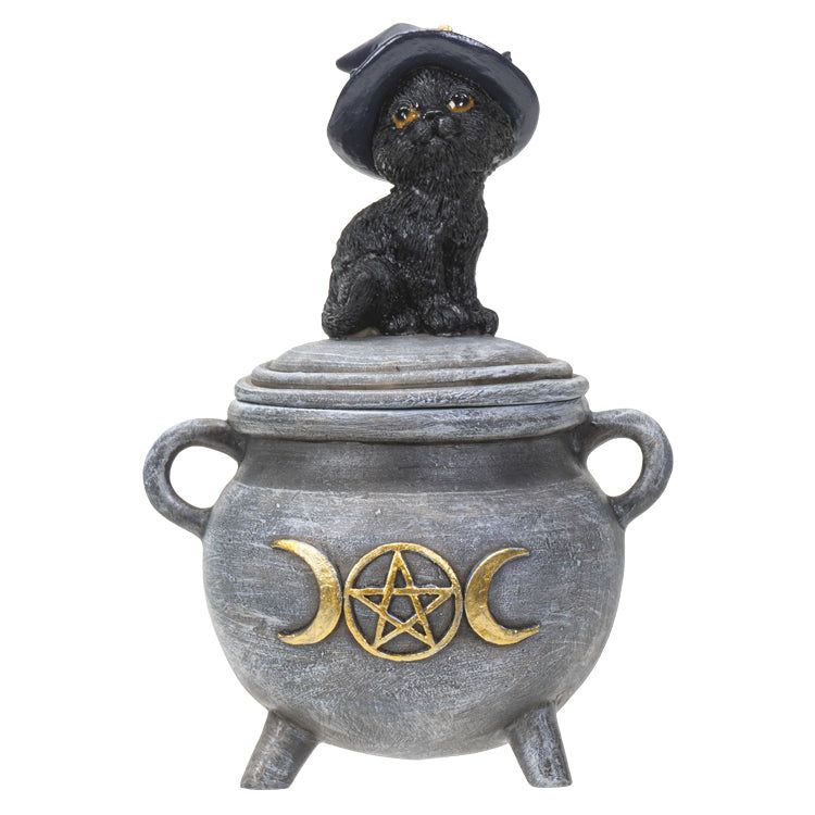 5.5&quot; Black Cat on Cauldron Trinket Box, SKU PG-14678, UPC 700317030331