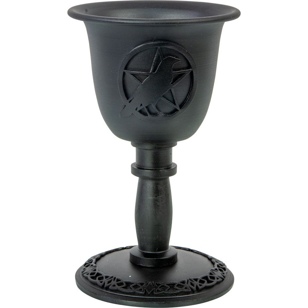 4&quot; Cast Iron Chalice Mini Candle Holder - Pentacle with Raven, SKU KH-03660, UPC 700317067641