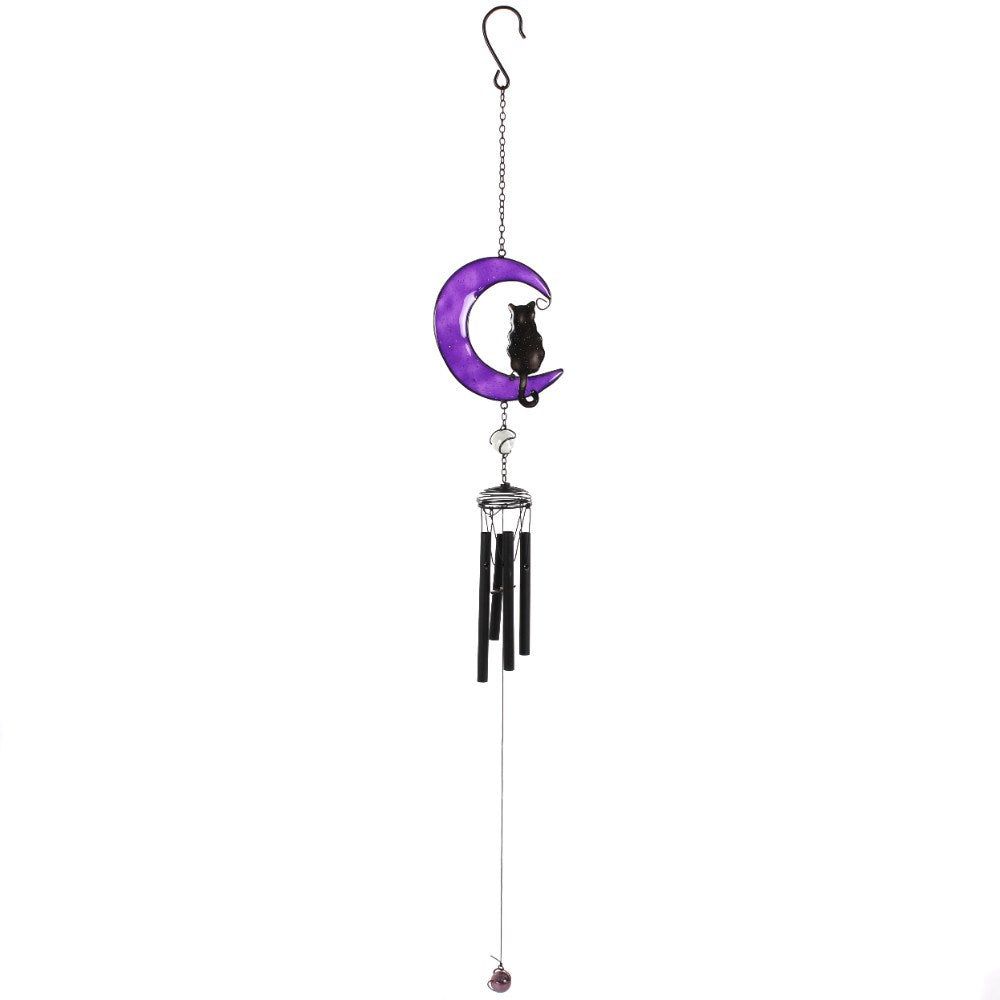 19&quot; Purple Crescent Moon with Black Cat Wind Chime, SKU PG-14497, UPC 700317293880