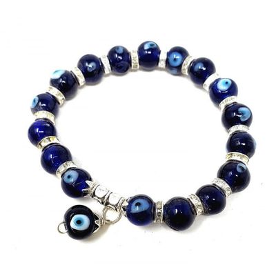 8 mm Elastic Bracelet Round Beads - Evil Eye Glass in Velvet Bag, SKU R041-BS90, UPC 700317384830