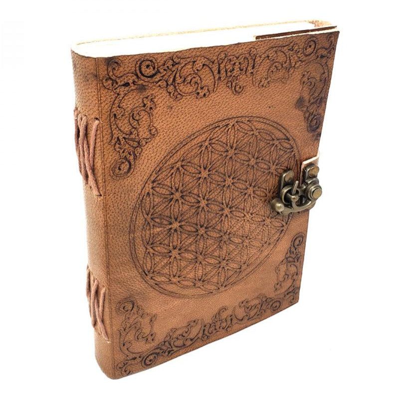 5&quot; x 7&quot; Flower of Life Embossed Leather Journal with Latch, SKU JB75-FL, UPC 6016201748768