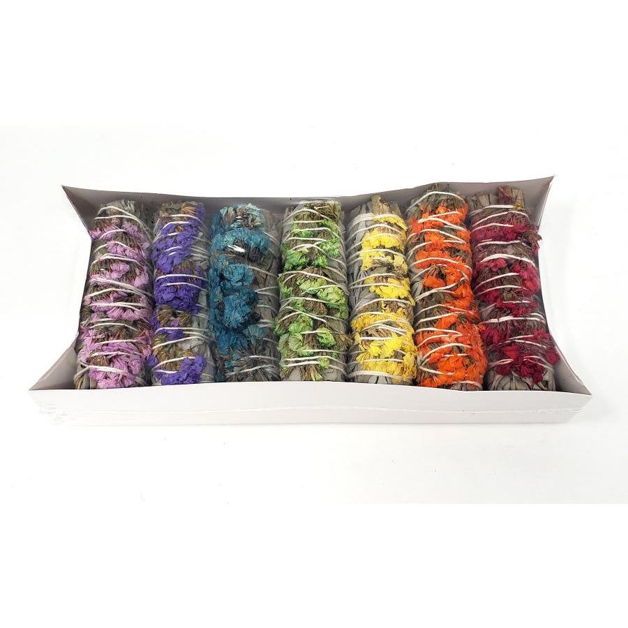 4&quot; Chakra White Sage &amp; Sinuata Smudge Pack (Pack of 7 Smudges), SKU Sage-08, UPC 700317306818