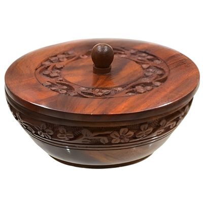 5&quot; Floral Carved Wooden Bowl with Lid / Box, SKU G03-339, UPC 700317383833