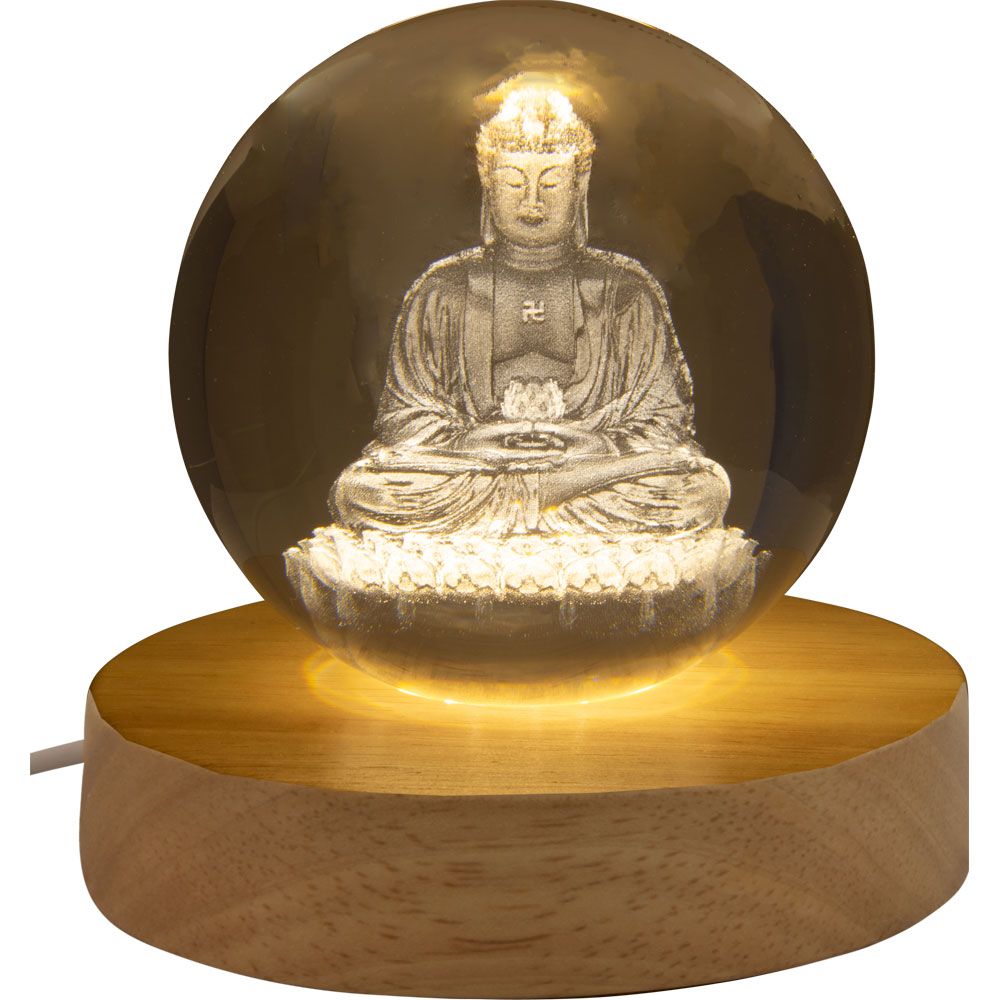 3&quot; Crystal Ball with Wood LED Light Base - Buddha, SKU KH-17766, UPC 700317067078