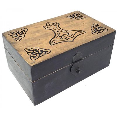 5&quot; x 8&quot; Handcrafted Wood Box with Thor&#39;s Hammer, SKU HMB85, UPC 6016202412439