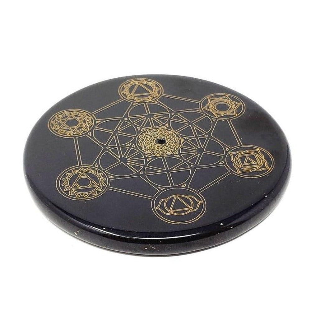 3&quot; Black Agate Incense Burner - Geometric Metatron Chakras, SKU S06-20-COAST-08, UPC 700317371922