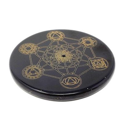 3&quot; Black Agate Incense Burner - Geometric Metatron Chakras, SKU S06-20-COAST-08, UPC 700317371922
