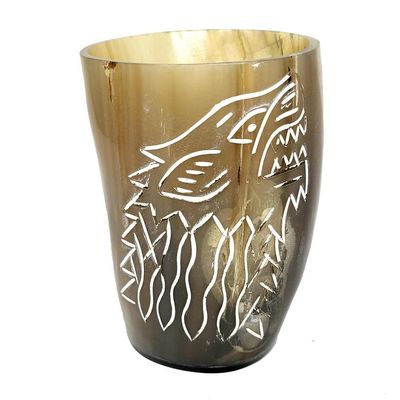 5&quot; Handcrafted Natural Buffalo Horn Cup - Wolf, SKU MM07-B, UPC 700317309680