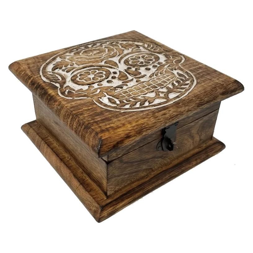 6&quot; x 6&quot; Carved Wood Box - Skull, SKU MT8, UPC 6016022762721