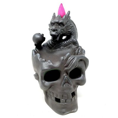 6&quot; Skull with Dragon Backflow Cone Incense Burner, SKU C04-03-BFL-32, UPC 700317380733