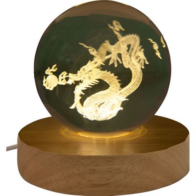 3&quot; Crystal Ball with Wood LED Light Base - Chinese Dragon, SKU KH-17762, UPC 700317067115