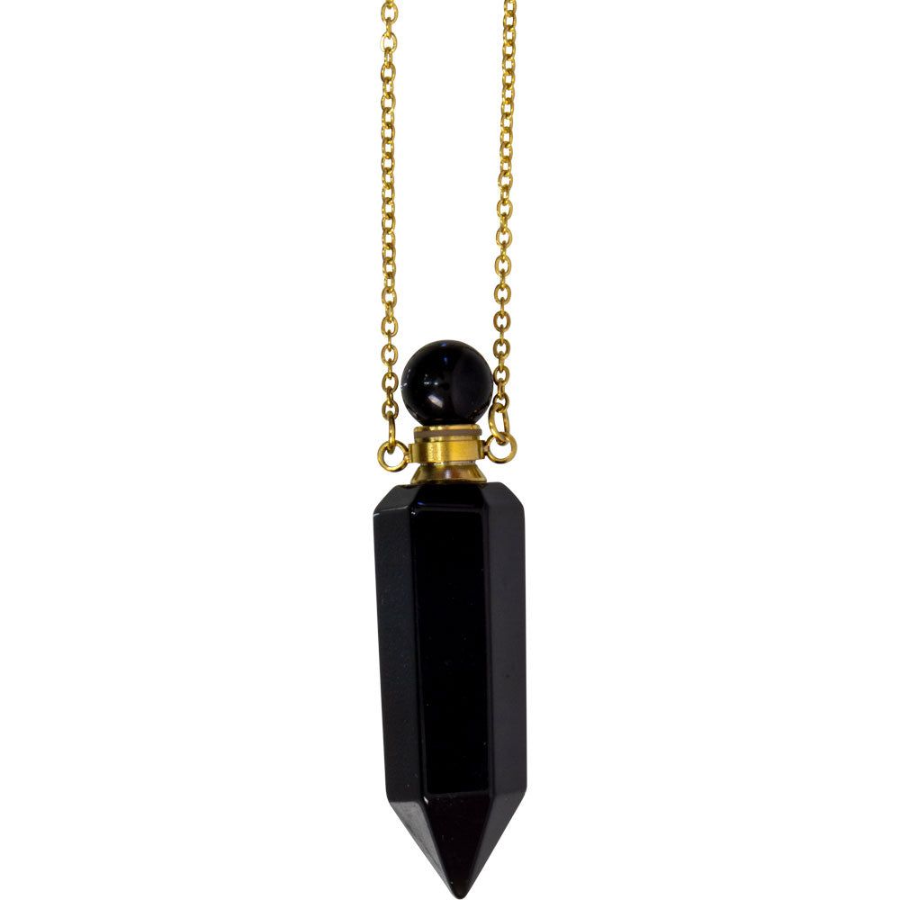 1.75&quot; Gemstone Point Pendant Perfume Bottle Necklace - Black Obsidian, SKU KH-99078, UPC 7003170686…