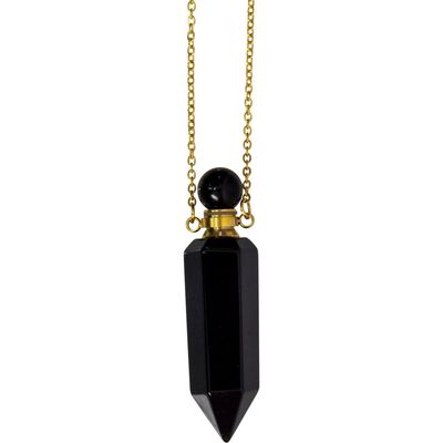 1.75&quot; Gemstone Point Pendant Perfume Bottle Necklace - Black Obsidian, SKU KH-99078, UPC 7003170686…