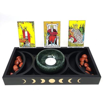 12&quot; Wooden Triple Moon &amp; Moon Phase Tarot Card Tray Holder, SKU E02-TW-16, UPC 700317381112
