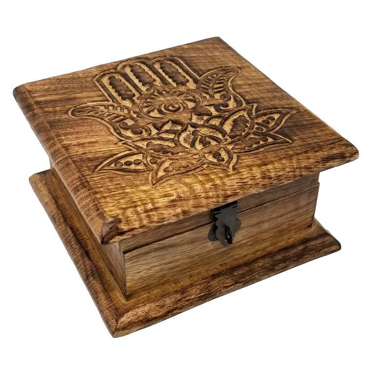 6&quot; Carved Wood Box - Lotus Hamsa Hand, SKU G07-14-MT7, UPC 700317314370