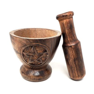 3.75&quot; Wooden Pentagram Mortar and Pestle Set, SKU A02-02-WMP02, UPC 700317372134
