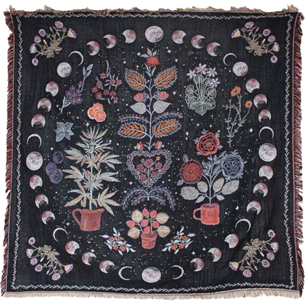 56&quot; x 61&quot; Cotton Heavy Throw with Fringe &amp; Belt - Flower Garden &amp; Moon Phases, SKU KH-57121, UPC 70…