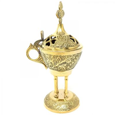 7&quot; Carved Floral Cross Brass Burner, SKU 8443, UPC 700317419389