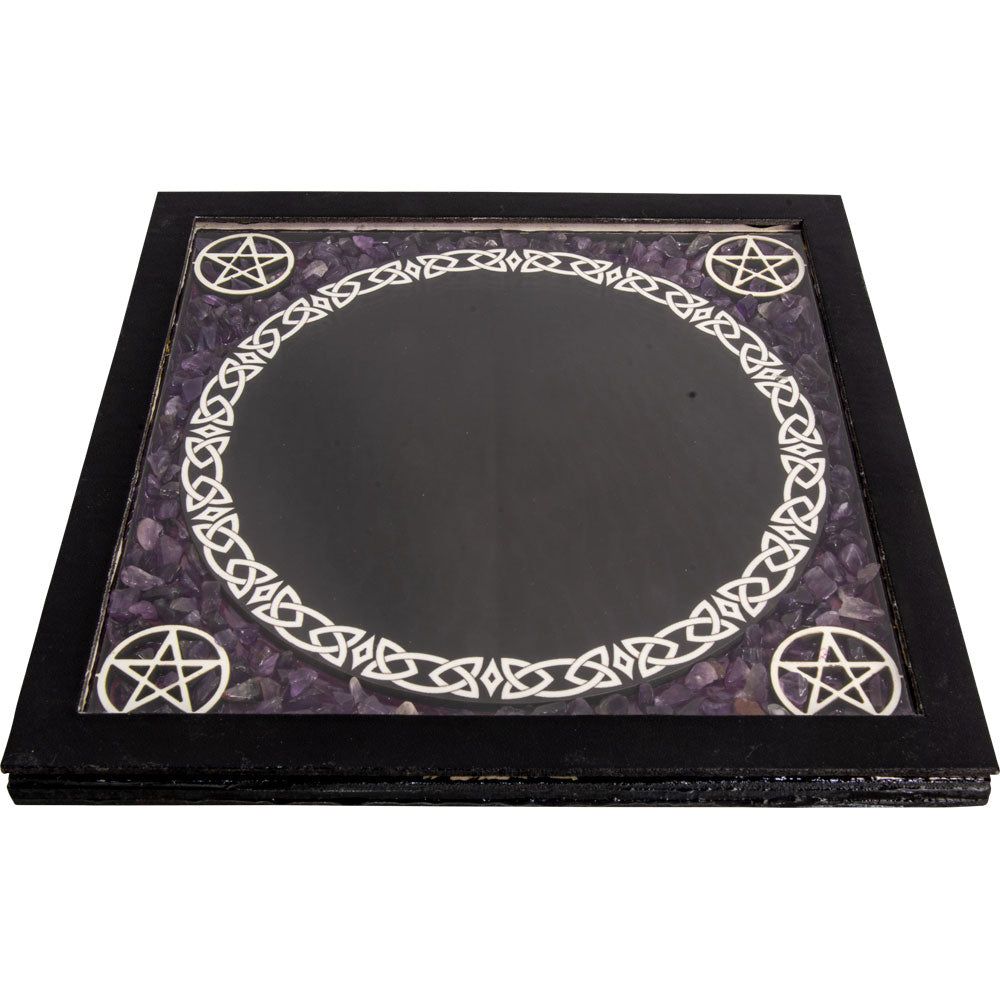 6.5&quot; Glass Scrying Mirror with Amethyst Chips, SKU KH-65137, UPC 700317418528