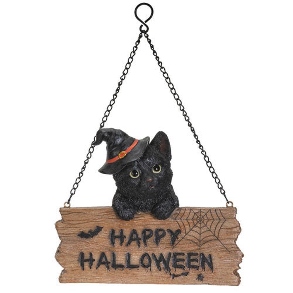 7&quot; Black Cat with Happy Halloween Sign Hanging, SKU PG-13804, UPC 700317295525