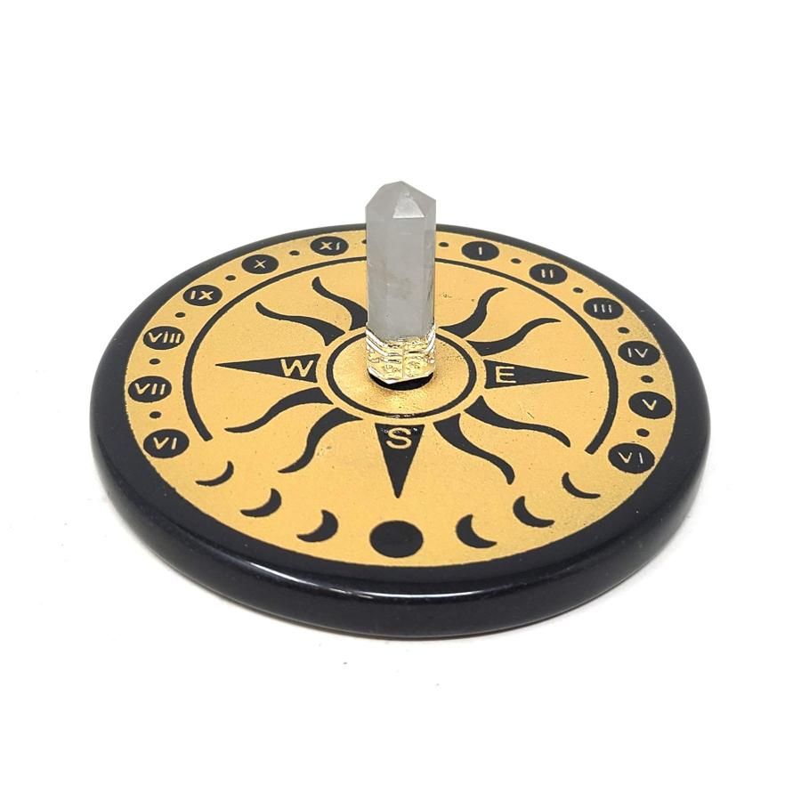 3&quot; Black Agate Altar Tile - Sundial with Crystal Quartz, SKU S08-68-COAST-16, UPC 700317382089