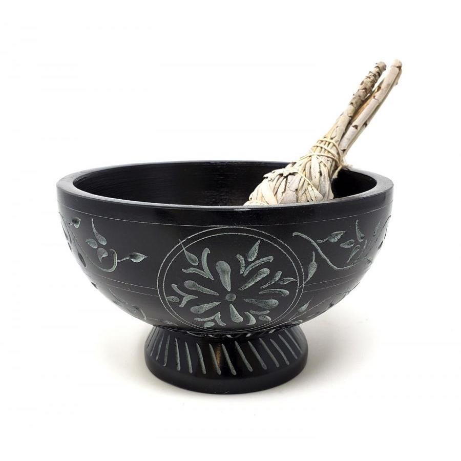 5&quot; x 3&quot; Black Floral Carved Soapstone Bowl Burner, SKU ST5H, UPC 6016020940985