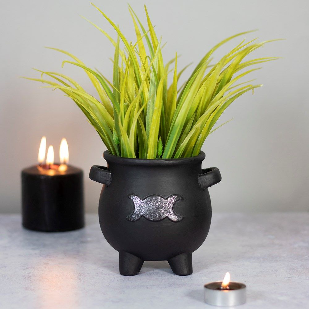 5.5&quot; Witches Cauldron Triple Moon Planter Pot, SKU PG-14260, UPC 700317293255