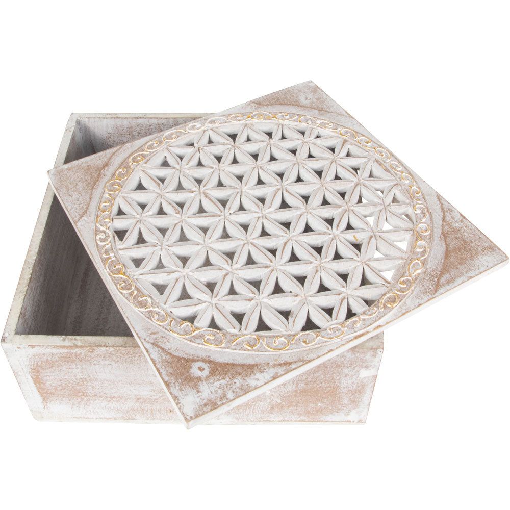 8&quot; Carved Wood Box - White Washed Flower of Life, SKU KH-44428, UPC 700317418634