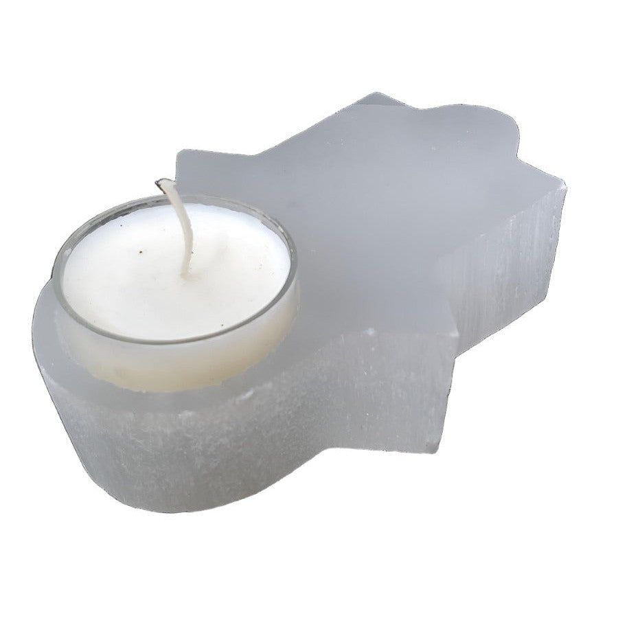 4.5&quot; Selenite Hamsa Hand Tealight Candle Holder, SKU SELCH-Hamsa-W, UPC 700317382935