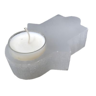 4.5&quot; Selenite Hamsa Hand Tealight Candle Holder, SKU SELCH-Hamsa-W, UPC 700317382935