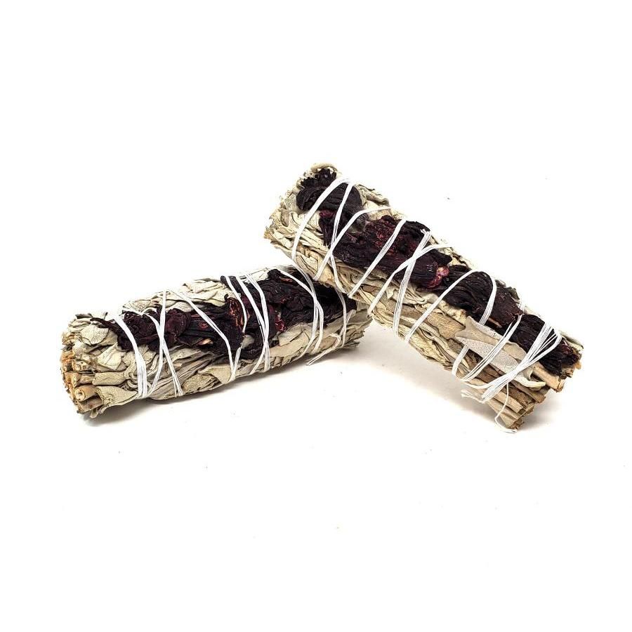 4&quot; White Sage &amp; Hibiscus Flower Smudge Stick, SKU SB64, UPC 6016000258208