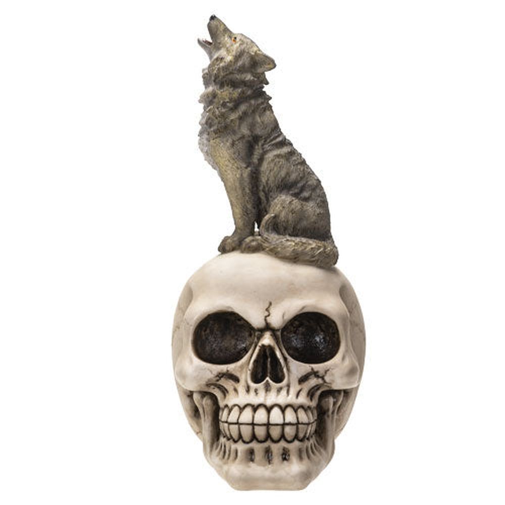 9.45&quot; Skeleton Statue - Grey Wolf on Skull, SKU PG-14694, UPC 700317052357