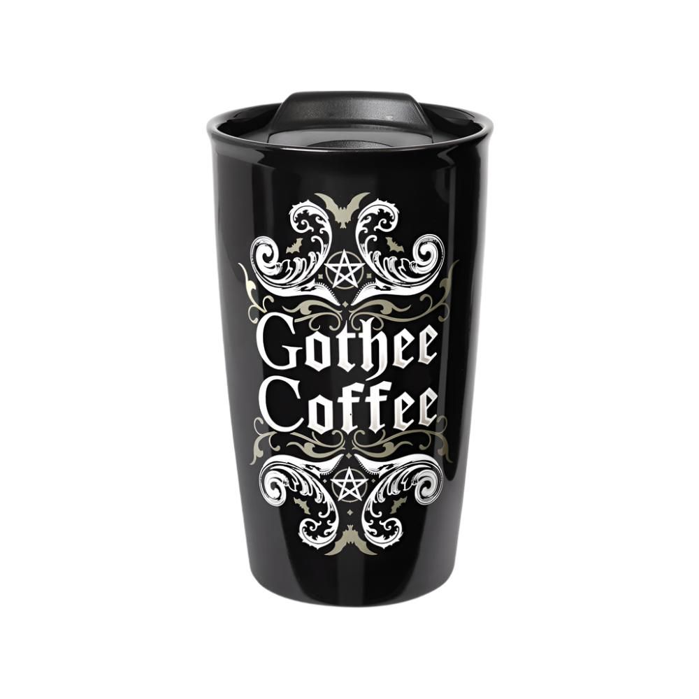 12 oz Black Ceramic Travel Mug - Gothee Coffee, SKU AL-MRDWM2, UPC 700317067160