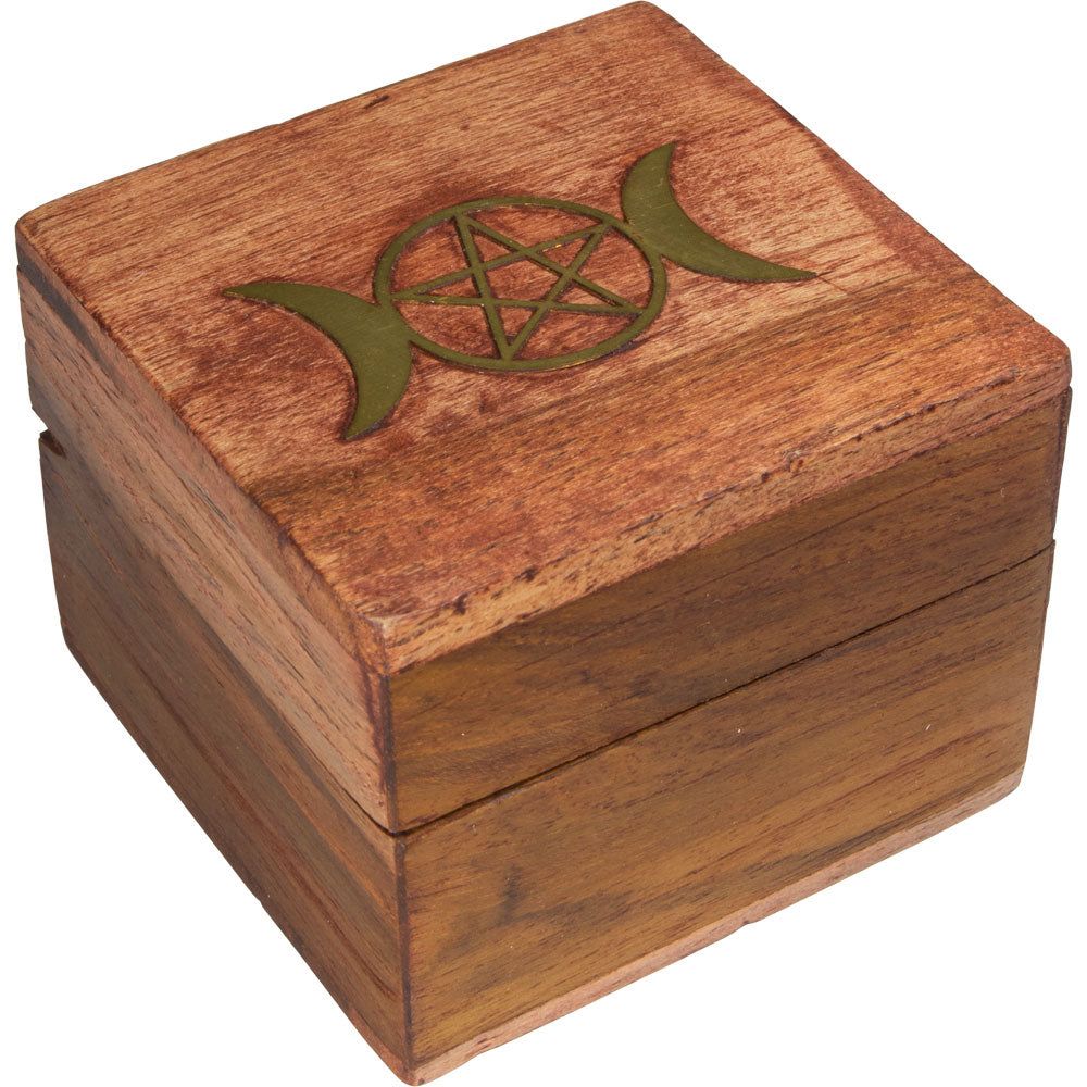 2.5&quot; Acacia Wood Box with Velvet Lining - Triple Moon Pentacle, SKU KH-44299, UPC 700317125624